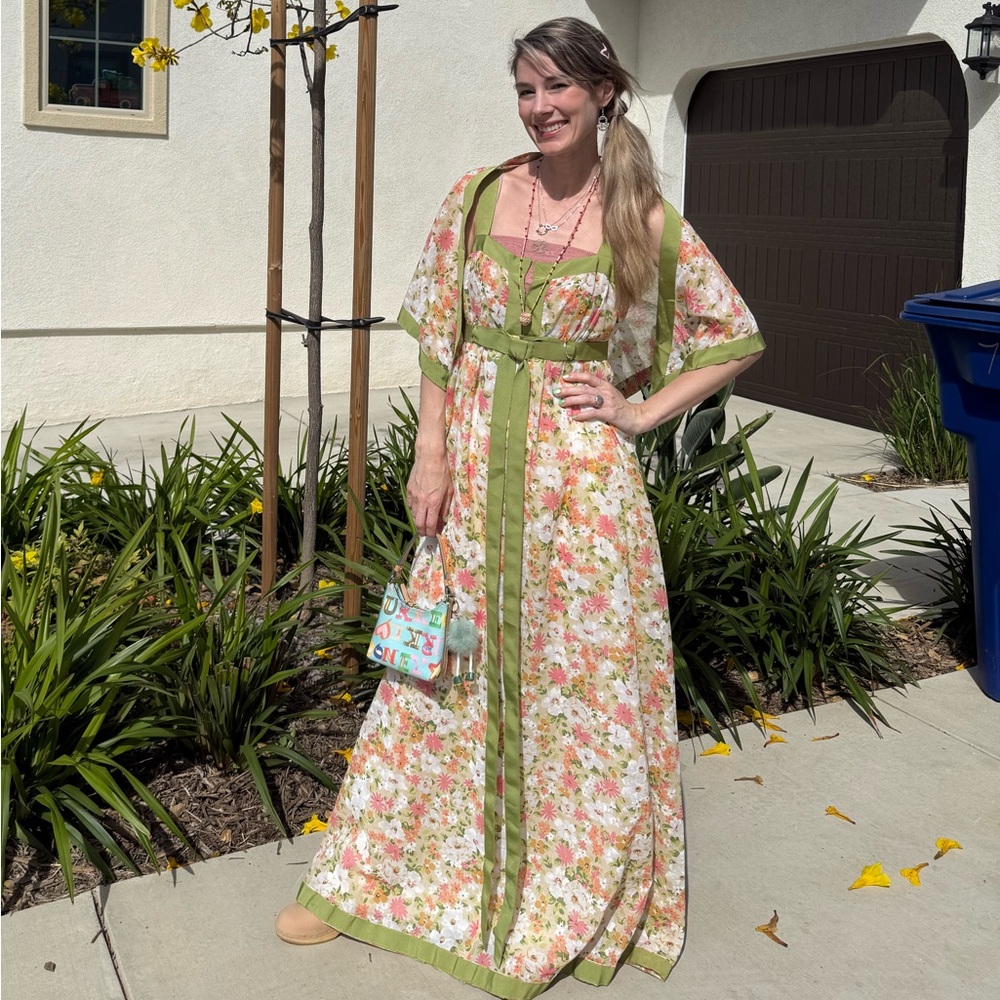 Vintage Floral Green Trim Maxi Dress with matching shawl